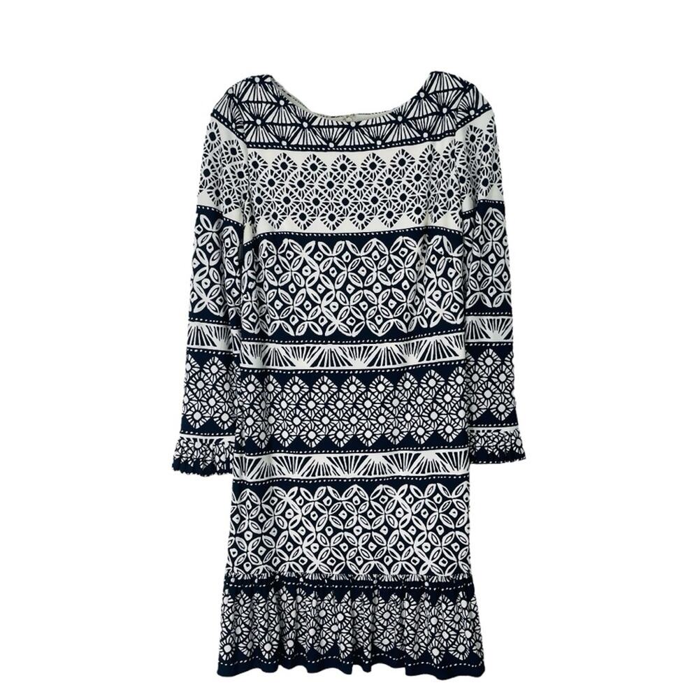 Eliza J blue white abstract preppy ruffle coastal office stretchy dress 6